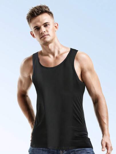 1pc Men's Black Seamless Undershirt, Breathable Moisture-Wicking Snug Fit Tank Top, Sports Fitness Base Layer, Summer