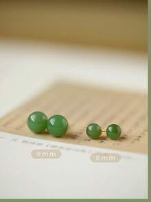 一对 6-8 毫米圆形翡翠和 S925 耳钉优雅迷人耳环，适合女士珠宝日常生活或派对 - 簡約時尚 - 查看 4