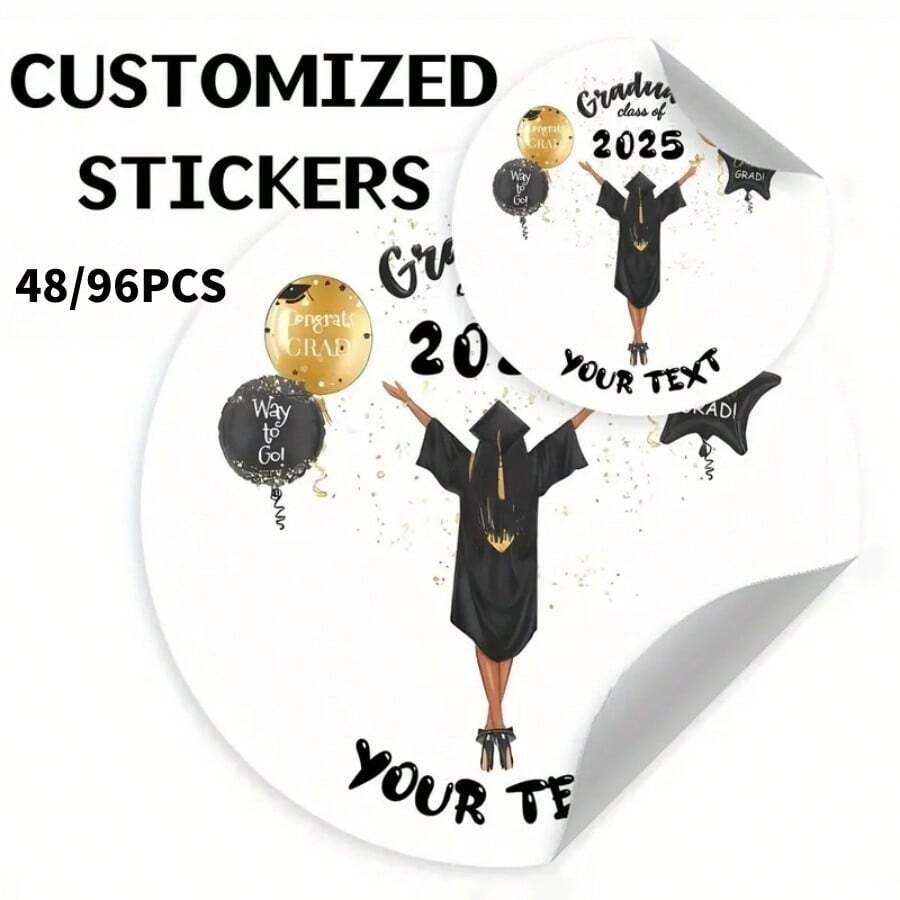 48/96 piezas Etiquetas decorativas personalizadas para la temporada de graduación 2025 - Etiquetas de clase personalizadas, etiquetas circulares para fiesta de graduación, etiquetas decorativas en negro y dorado, etiquetas manuales para cuadernos, útiles escolares, vuelta al colegio - Multicolor - Ver 1