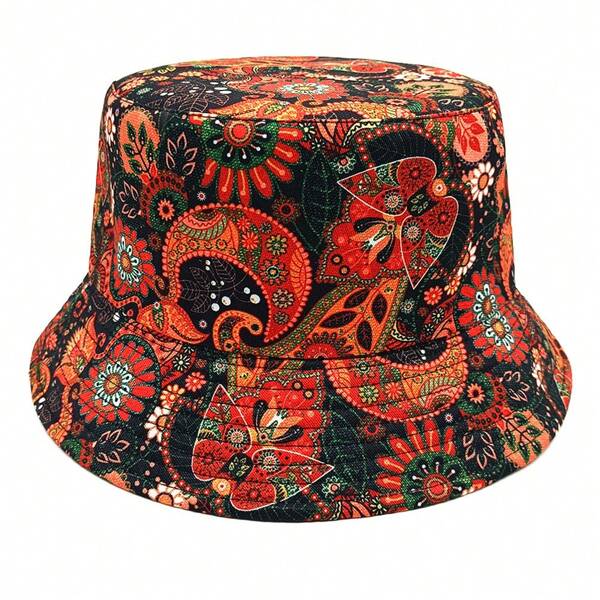 Novo Design Chapéu de Balde Reversível Estampado com Flores Dupla Face para Mulheres, Estampa Floral de Poliéster Dobrável, Vintage, À Prova de Vento e Ideal para Todas as Estações