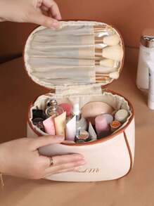 1 Stück Sommerleder wasserdichte Make-up Tasche, Kosmetik Organizer, tragbare Toilettenartikel Tasche, wasserdichter PU Hautpflege Beutel, große Kapazität Doppelschicht Make-up Tasche Make-up Organizer Badezimmer Accessoires