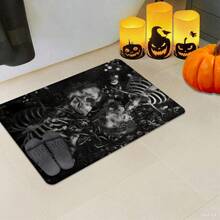 1pc Halloween Skull Pattern Printed Non-Slip Linen Kitchen Rug, Bathroom Mat, Doormat, Home Decor, Halloween Decoration, Halloween Gift, 3D Printed Rectangular, Suitable For Living Room, Bedroom, Hallway, Bathroom, Laundry Room - Polyester Carpet, Indoor & Outdoor Use