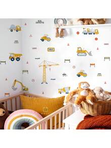 Cartoon Construction Vehicle Wall Decals For Kids Room - Truck & Digger Theme Removable Peel And Stick Nursery Bedroom Decor | Home Decoration Educational Bedroom Stickers With Dump Truck, Cement Mixer & Crane - Multicolor - View 9
