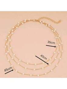 1pc Fashion Simple Pearl Chain 3-Layer Necklace For Women, INS Style - Yellow Gold - View 4