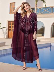 Women's Autumn Long Kaftan Dress Long Bat Sleeve Hooded Rhinestone Cape Arab Dress - Dark Red - View 2