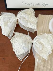 1 件纯色网状涤纶（聚酯纤维）蕾丝大蝴蝶结发夹 | 优雅后脑勺马尾发夹 | 蓬松弹簧夹，打造童话发型，发饰，爪夹，发夹，发夹，发夹 - 彩色 - 查看 1