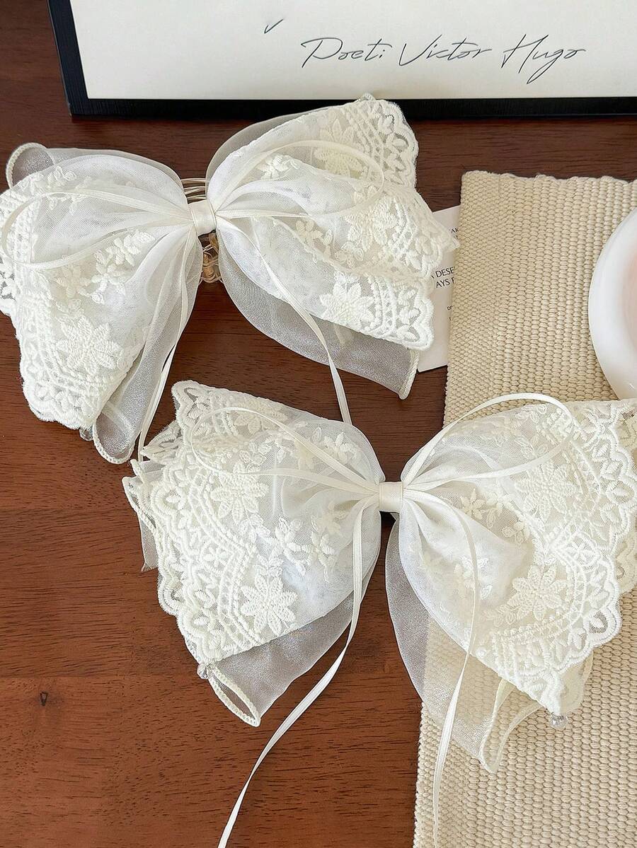 1 件纯色网状涤纶（聚酯纤维）蕾丝大蝴蝶结发夹 | 优雅后脑勺马尾发夹 | 蓬松弹簧夹，打造童话发型，发饰，爪夹，发夹，发夹，发夹 - 彩色 - 查看 1