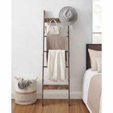 Worth Having, New 5-Tier  Ladder Shelf For Living Room, Decorative Quilt Rack With 4 Removable Hooks,Farmhouse Ladder Holder Organizer For Bedroom, Rustic Brown
