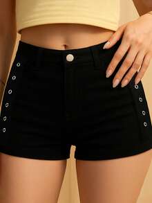American Hot Girl Y2k Eyelet Buckle Design, Denim Super Shorts, Women's Low Waist Slimming Hot Pants - Black - View 2