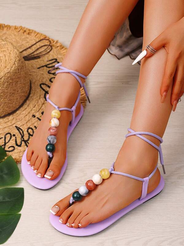 Yipa bunte Perlen-Sandalen für Damen, mit Zehen- und Fußclips, flacher Sommerboden, rutschfeste weiche Sohle, modischer und vielseitiger Riemen, kühle Pantoffeln