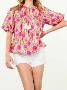 Floral Print Tops For Women Summer Causal Loose Round Neck Bubble Short Sleeve T Shirt