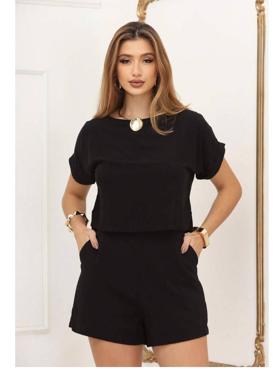 Women's Formal Set Tailored Casual Shorts Comfortable Viscolinho Day To Day Light Look - màu đen - Xem 1