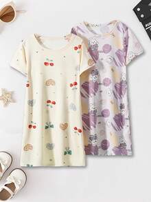 2pcs/Set Girls Summer Pajama Set: Cute Rabbit & Cherry Print Loose Knee-Length Round Neck T-Shirt Dress & Shorts - Multicolor - View 1