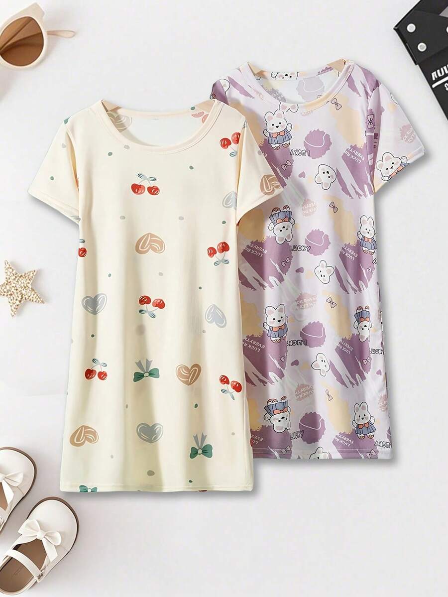 2pcs/Set Girls Summer Pajama Set: Cute Rabbit & Cherry Print Loose Knee-Length Round Neck T-Shirt Dress & Shorts - Multicolor - View 1