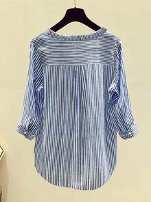 女式休闲条纹 V 领宽松七分袖衬衫，春夏 - 寶藍色 - 查看 2