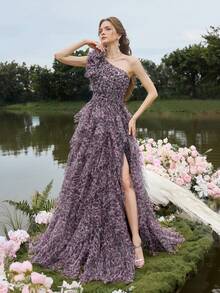 Faeriesty 奢华复古单肩豹纹薄纱晚礼服，多层荷叶边下摆 - 适合红毯、婚礼晚会、豪华晚会穿着 - 粉色 - 查看 3