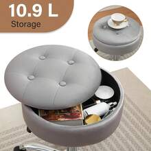 Swivel Vanity Stool Chair For Makeup Room, Rolling Stools With Wheels, Round Rolling Stool With Storage, Desk Stool With Wheels, Adjustable Stool, Office Stool, Ottoman Stool, Grey 14.2 In D - Grey - View 5