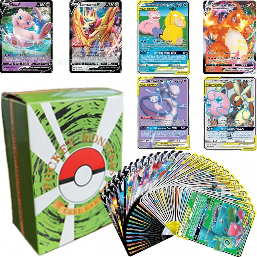 pokemon 100 pièces/boîte Figurines d'anime TOMY, cartes éclair en anglais et en français V MAX P-Oke-Mon, jeu de collection de cartes, 25 cartes aléatoires, boîte de collection de cartes de super bataille premium TCG (séries V Vmax, cartes rares GX), cadeau pour fans d'anime, carte de transaction pour fête, collection de cartes de trésor de jeu, fournitures scolaires, rentrée scolaire