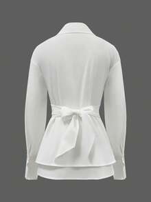 Women's Elegant Solid Color Collared Slim Waist Long Sleeve Blouse For Office Wear, Polyester Material With Buttons White Spring - White - View 3