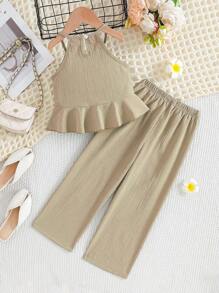 Young Girl' Sleeveless Ruffled Hem Solid Color Camisole & Pants Casual Outfit, Summer