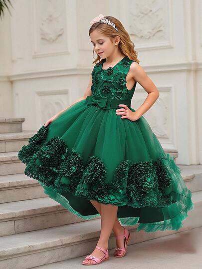 小女孩花朵3D蝴蝶结薄纱优雅花童拖地礼服，不含头饰，适合派对