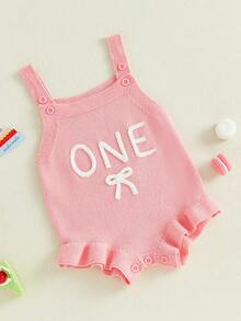 First Birthday Outfit Girl Sleeveless Bow One Embroidered Crochet Knit Romper Baby Girl 1st Birthday Clothes Summer One Piece - 粉色 - 查看 2