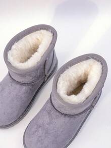 زوج من بوت الثلج المزيفة من الغزال الكلاسيكية للأطفال، لون أحادي، بطانة مبطنة، بوت شتوية دافئة، رأس مستدير قصير، كعب مسطح، طراز كاجوال، مناسبة للطقس البارد