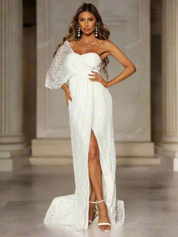 Missord Einschultriges Paillettenkleid mit Beinschlitz, elegantes Hochzeitskleid, Brautkleid
