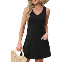 OFEEFAN Womens Summer Dresses 2025 V Neck Sleeveless Sundresses With Pockets Beach Vacation Clothes Floral/Plain - B Plain Black - 查看 2