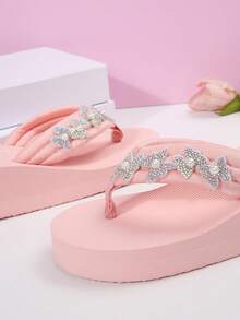 Women's Summer New Slip-Resistant Thick Sole Pink Beach Slippers, Wedge High Heel Flip-Flops, Suitable For Outdoor, Indoor, Beach, Wedding, Vacation - Rhinestone Butterfly - View 7