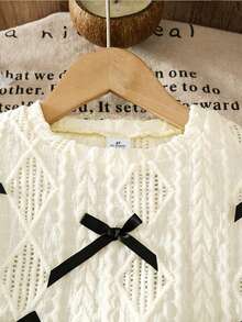 2pcs/Set Girls' Solid Color Bow Hollow Long Sleeve Top And Black PU Leather Skirt Set, Sweet Vacation Cute Fashion Knit Top And Mini Skirt Outfit, Suitable For Outdoor, Party, Gift, Spring/Autumn