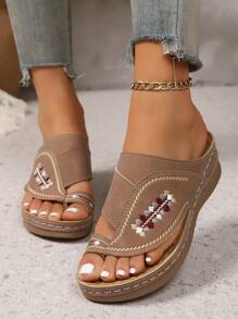 2025 Summer New Arrival Women Gridd Pattern Bohemian Embroidery Wedge Heel Thick Sole Indoor & Outdoor Sandals