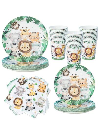 Set de tacâmuri de unică folosință cu tematică de animale din junglă, 100 buc, inclusiv farfurii, șervețele și pahare, potrivit pentru 25 de invitați, farfurii de hârtie de unică folosință, articole de petrecere pentru ziua de naștere, nuntă, petrecere, picnic în familie
