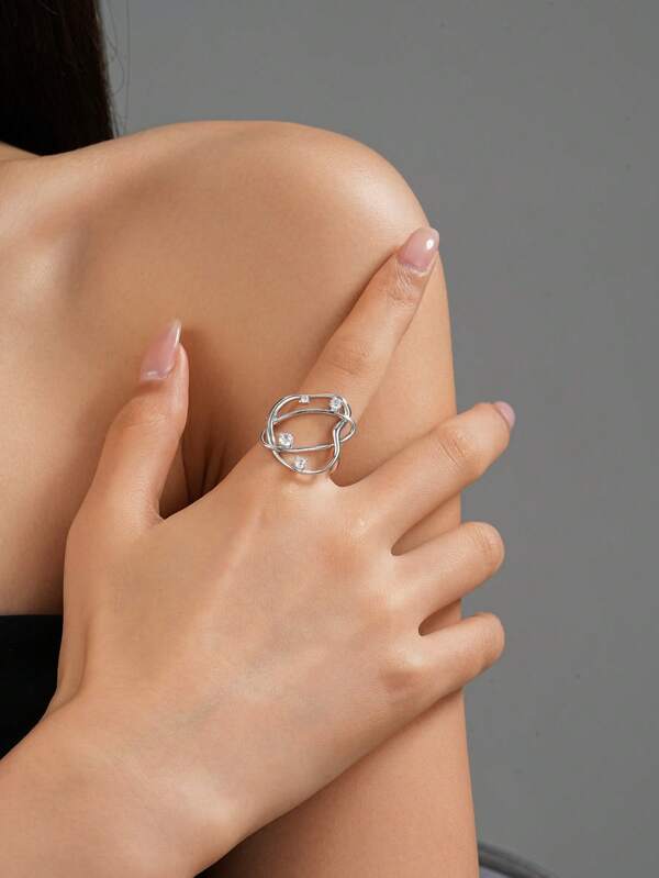 S925 Sterling Silver Multilayer Geometric Rhinestone Adjustable Open Ring, Fashionable Everyday Jewelry