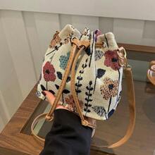 Bolso balde lindo para damas, bolso de mano pequeño y lindo con flores, billetera con flores, mini bolso estético bohemio con bordado, bolso de cordón tipo cubeta con punto de aguja, bolso cruzado mini