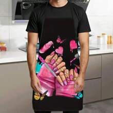 1pc Colorful Butterfly & Lipstick Printed Apron, Durable Polyester Material Suitable For Cooking, Grilling, Gardening, Painting, Nail Art, Unisex For Indoor & Outdoor Use