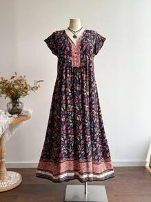 Rusttydustty A Long, Loose, Casual And Vacation Floral Dress With A V-Neck For Womenboho Easter Beach Outfits Hawaii Coachella Music Festival Tropical Vacation