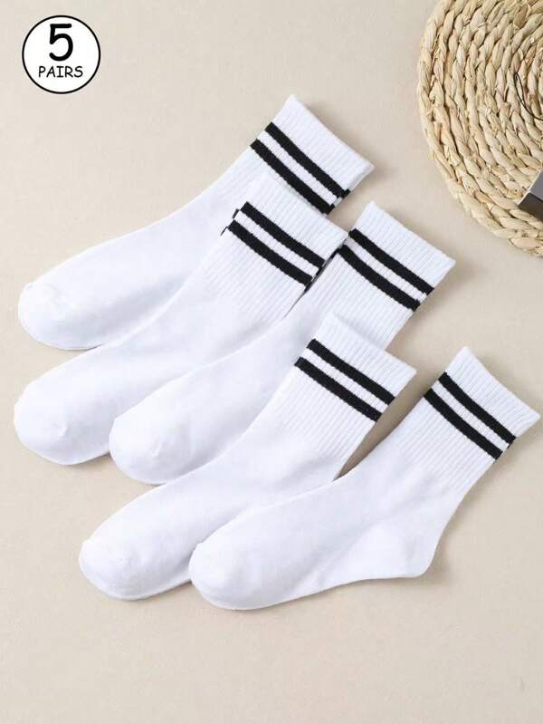 5 Pairs White With Dual Stripe Mid-Calf Socks, Neutral, Minimalist, Elegant Mid-Calf Socks For Everyday Wear