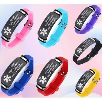Personligt medicinskt identifieringsarmband i silikon, ICE-armband för medvetenhet om hälsotillstånd, anpassat ID-sjukvårdssmycke för akuta situationer, gummiarmband för sjukvård, graverbart namn/adress/telefonnummer/medicinska problem, hjälpmedelspåse ingår