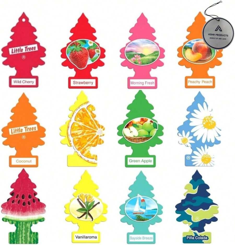 Little Trees Fruit Assorted Variety Pack Of 12 Fresheners - 12 Different Fruit Scents Of Air Fresheners - Car Air Freshener Home Air Freshner Scent Bundle + AHSR Air Freshener - A - Xem 1