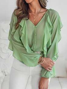 V Neck Shoulder Asymmetrical Ruffles Blouse Casual Button Front Long Sleeve Top - màu xanh lá - Xem 4