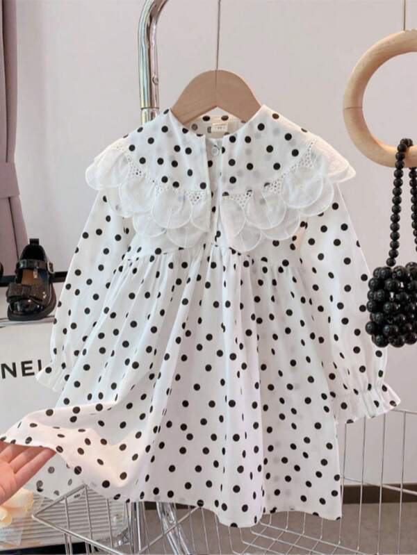 Girls Ruffle Peter Pan Collar Polka Dot Print Long Sleeve Casual Dress, Suitable For Daily Wear, Vacation, Travel, Outing, School, Autumn