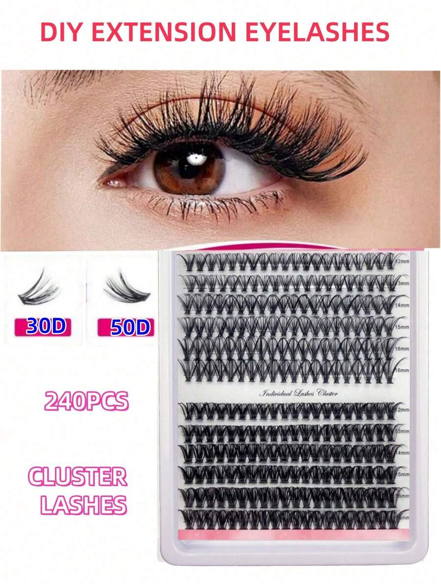 MAMACOS Natural 30D+50D Realistic Lash Extensions 12-16mm Mixed 12 Rows 240pcs Waterproof Mink Lashes Curled Thick Fitting Reusable DIY Lashes For 3D Effect, Suitable For Light Makeup, Full Makeup, Daily Or Outdoor Events - Black - View 1