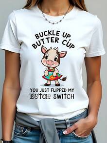 Camiseta Mujer Blanca de 180g Algodón de Manga Corta con Estampado Divertido "Buckle Up Butter Cup You Just Flipped My Butch Switch", Cuello Redondo Suave, Estilo Casual para Diario, Ideal para Primavera y Verano - Blanco - Ver 1