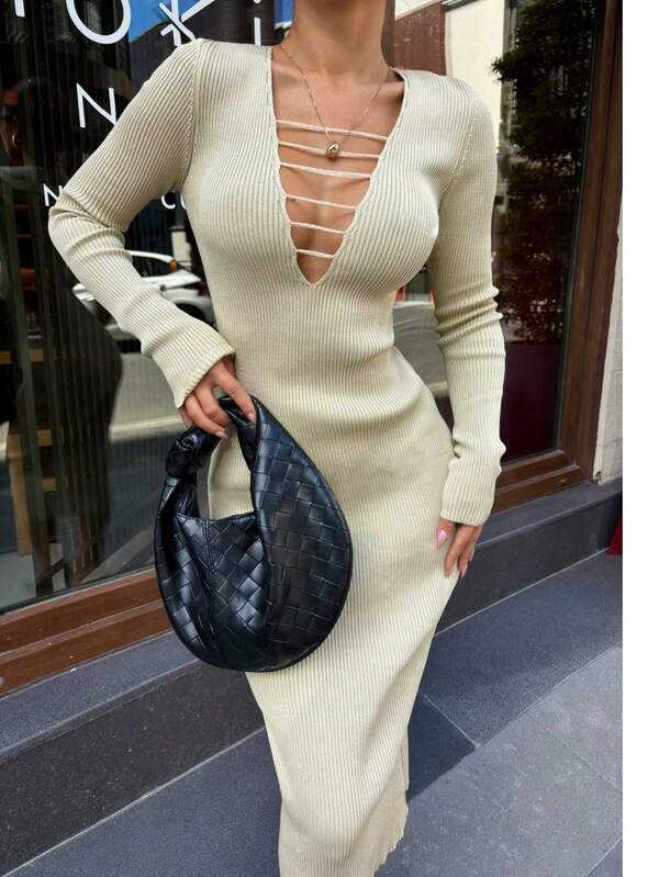 Women's Sexy Open Front Deep V Neck Lace-Up Knit Bodycon Midi Dress