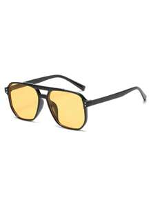 Unisex Tortoise Shell Color Square Frame Double Bridge Pilot Style Fashion Glasses For Vacation Boho Shades Beach Accessories, Suitable For Summer Sun Protection, Beach Vacation, Outdoor Sports, Party, Self-Driving, Fishing, Cycling, Shopping And Taking Photos Accessories