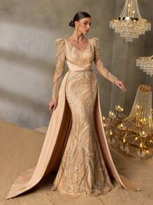 Faeriesty Faeriesty Luxury Beaded Mermaid Evening Gown With V-Neck, Strappy Back & Satin Trains - Formal Dress For Luxury Galas, High-End Parties & Red Carpet Glam