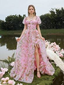 Faeriesty 奢华浪漫的泡泡袖方形领口花卉礼服——复古风荷叶边裙、精致薄纱层和层叠侧褶边，适合异想天开的花园和复古风格的婚礼活动