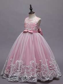 Flower Girl Lace Dress For Kids Wedding Bridesmaid Pageant Party Formal Long Gown Princess Communion Tulle Bow Evening Dresses - 藕粉色 - 查看 5