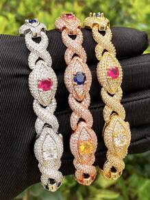 DUBSS 1 pieza Brazalete con ojo engarzado de color con eslabón infinito plateado para hombres, joyería de estilo hip hop